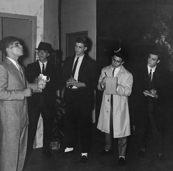 Wayne (L) as Winthrop Allen in The Girls in 509
Other players (L-R) include Jim Tomacelli, Bob Simmons, Mike Albro and Unknown